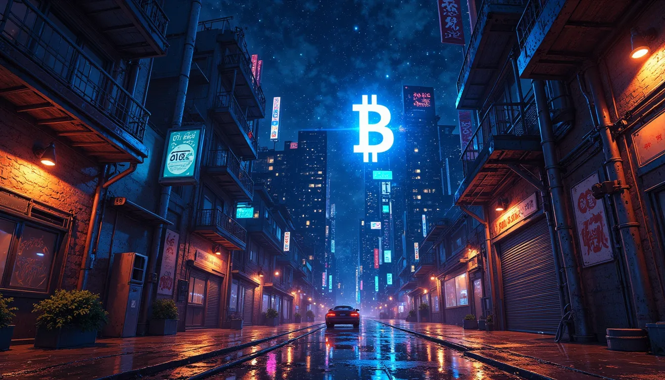 Futuristische Cyberpunk-Stadt bei Nacht mit einem leuchtenden Bitcoin-Symbol-Hologramm in der Luft und Blockchain-Netzwerk-Visualisierung.