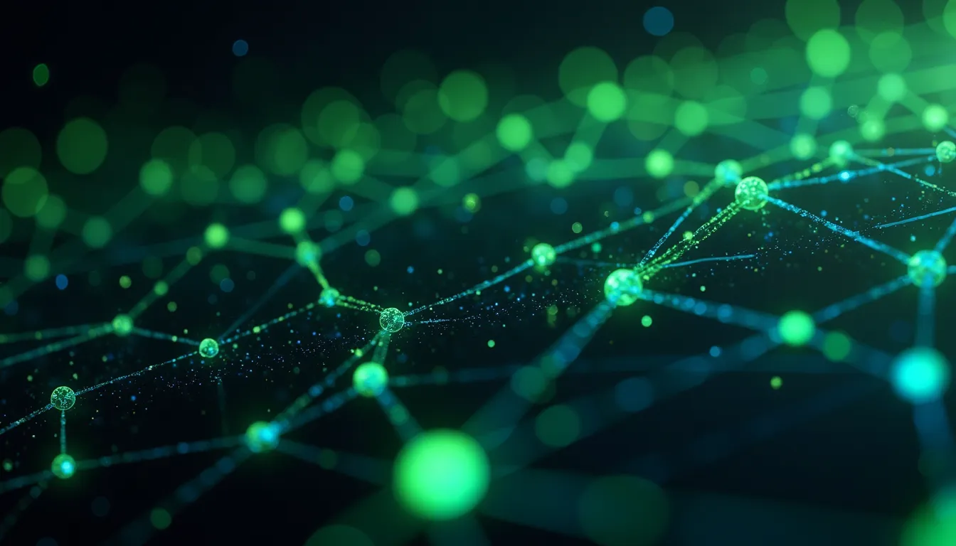 Abstrakte Visualisierung eines Blockchain-Netzwerks mit leuchtenden grünen Knoten, verbunden durch lila Linien und sechseckige Datenstrukturen.