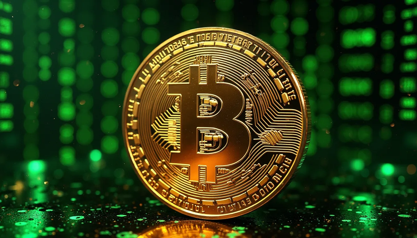Ein massives, goldenes Bitcoin-Symbol, das im digitalen Raum rotiert, umgeben von grünem Matrix-Code und sechseckigen Datenblöcken.