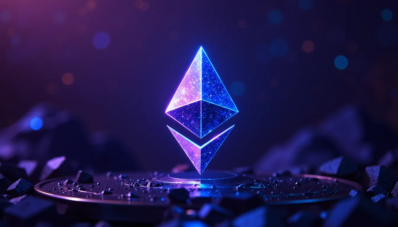 Das Ethereum-Logo leuchtet in lila und blauen Neonfarben, umgeben von sechseckigen Smart-Contract-Codeblöcken.