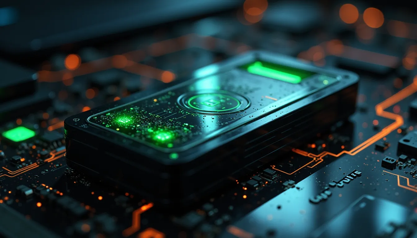 Ein High-Tech-Hardware-Kryptowährungs-Wallet-Gerät auf einer schwarzen, reflektierenden Oberfläche mit leuchtender grüner LED.